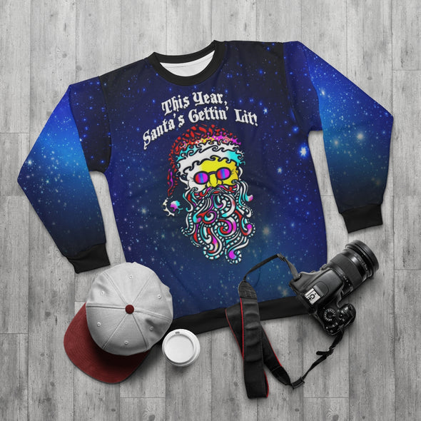 Santa's Gettin' Lit! - BLACK All-Over Print Unisex Sweatshirt
