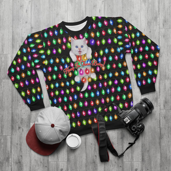 Hang In There Baby - Kitty In XMas Lights - All-Over Print Unisex Sweatshirt